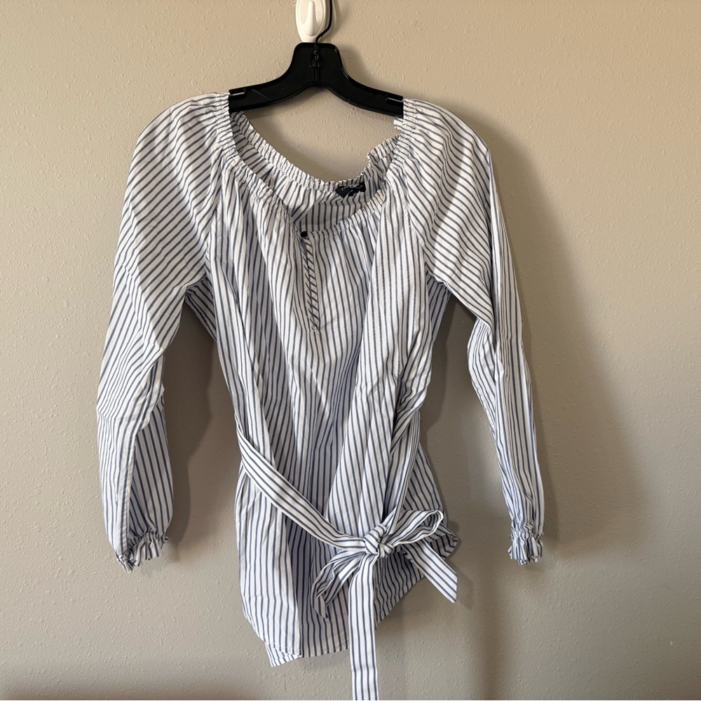 Rag & Bone Sierra Off-Shoulder Striped Top Large Cotton Blue White Boho Chic - Picture 2 of 5